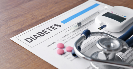 Piece of paper with Diabetes printed across the top, a stethoscope, pills and blood sugar pin prick machine